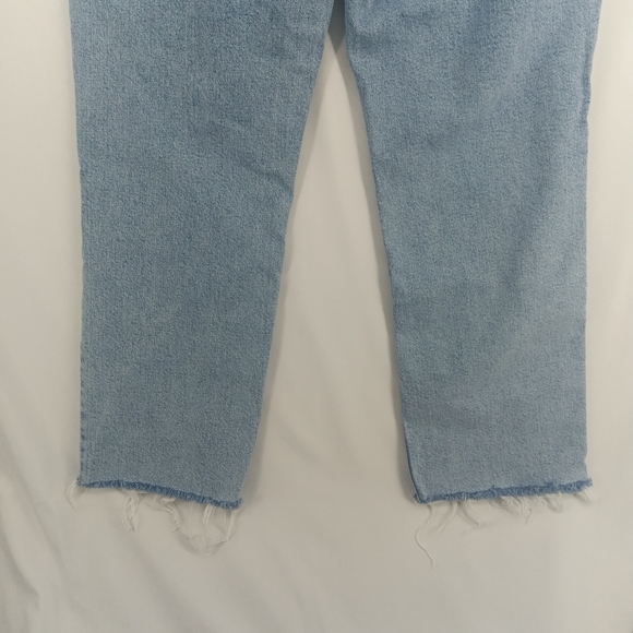 Zara High Waist Light Wash Straight Leg Raw Hem Button Fly Denim Jeans Size 10 - Picture 7 of 11